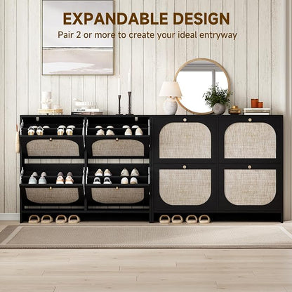 Nicetree Shoe Storage Cabinet for Entryway, Rattan Vintage Flip Shoe Rack- 4 Flip Drawers & 3-Tier Adjustable Shelves,Boho Shoe Organizer for 28-36 Pairs - Fits Size 12 Boots, 9.5" Ultra Slim