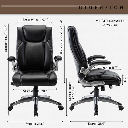 COLAMY Executive Office Ergonomic Chair with Thick Bonded Leather, 300lbs Capacity Big and Tall High Back Desk Chair with Flip-up Armrests, Adjustable Height and Tilt for Working, Study, Gaming,2PC