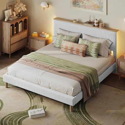 Bestier King Bed Frame with Adjustable Headboard & RGB LEDLighting, Corduroy Upholstered Platform Bed Frame withStorage Shelf, Solid Wood Slats, No Box Spring Needed,Never Squeak, Light Grey