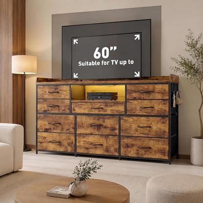 Bepatio LED Dresser for Bedroom with 11 Drawers,Power Strip,4 Hooks,Brown | Stylish Dressers & Chests of Drawers with 2 Wood Storage Shelves, TV Stand for 50/55/60 Inch TVs, Sturdy Metal Frame