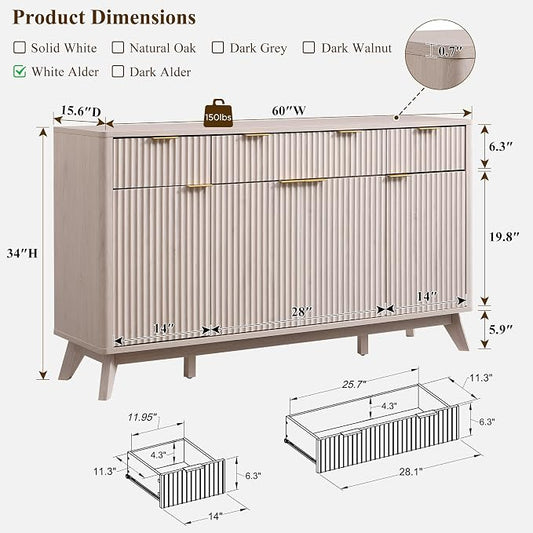 T4TREAM Large Buffet Sideboard Cabinet with Storages, 60" Fluted Modern Buffet Table Coffee Bar Wine Bar Storage Cabinet with 3 Drawers & 4 Doors for Dining Room, Living Room, Hallway(White Alder)
