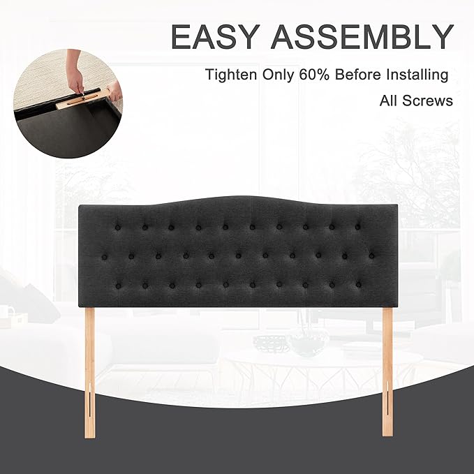 Tufted Headboard King Size, Solid Wood Adjustable Height Head Board, Black | Upholstered King Headboard Only with Durable Solid Wood Legs, Adjustable Height 37-51 in, Fabric Button Diamond HeadBoards