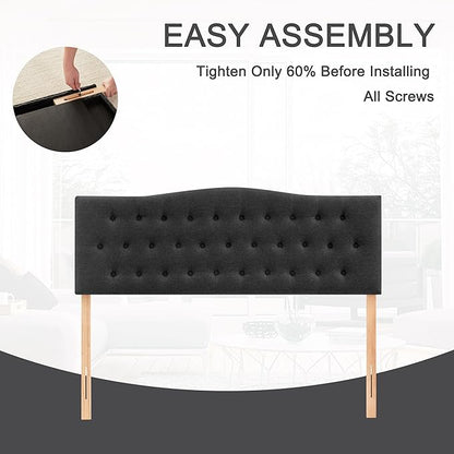 Tufted Headboard King Size, Solid Wood Adjustable Height Head Board, Black | Upholstered King Headboard Only with Durable Solid Wood Legs, Adjustable Height 37-51 in, Fabric Button Diamond HeadBoards