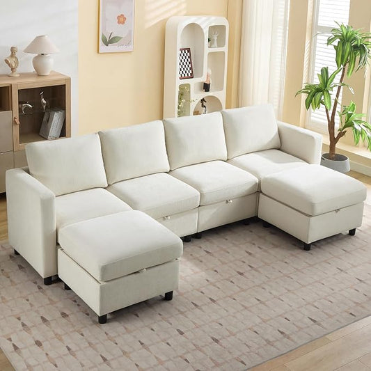 WUTUTUEE 107”Modular Sectional Sofa Convertible U Shaped Sofa Couch Set with Storage for Living Room, Modern 6 Seater Modular Sectional Couch with Movable Ottoman, Chenille(Beige)