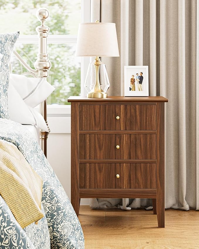Nightstand Vintage, Fluted Night Stand Tall Farmhouse Beside Table with 3 Drawers, Mid Century Modern Side Accent Table,Bedside End Table for Bedroom, Walnut