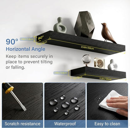 Floating Shelves for Wall, Bathroom Shelves Over Toilet, Wall Shelves & Book Shelf for Room, Hanging Shelf, Modern Wooden Mounted Floating Shelves, 24x7x1.5 in (Black, Set of 3)