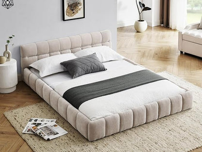 KEIKI Queen Thick Chenille Platform Bed Frame with Upholstered Tufted Headboard, Modern Solid Wood Floor Platform for Bedroom, No Box Spring Needed