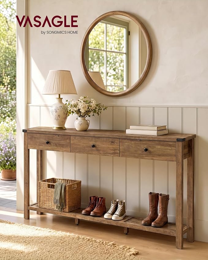 VASAGLE LIRY Collection Narrow Console Table with 3 Drawers and Storage Shelf, Long Sofa Table 9.4 x 63 x 29.9 Inch, Easy Assembly, for Entryway, Living Room, Farmhouse Style, Honey Brown ULNT148K101
