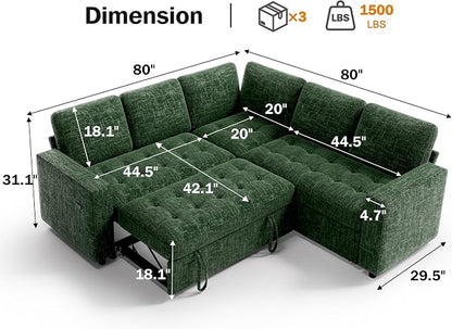 Vipbear 5 Seat L Shaped Modular Sectional Sleeper Sofa Bed with Pull Out Bed/Reclining Backrest/USB Ports/Storage Seat, Sectional Sleeper Couch, Tool-Free Assembly, Chenille Green