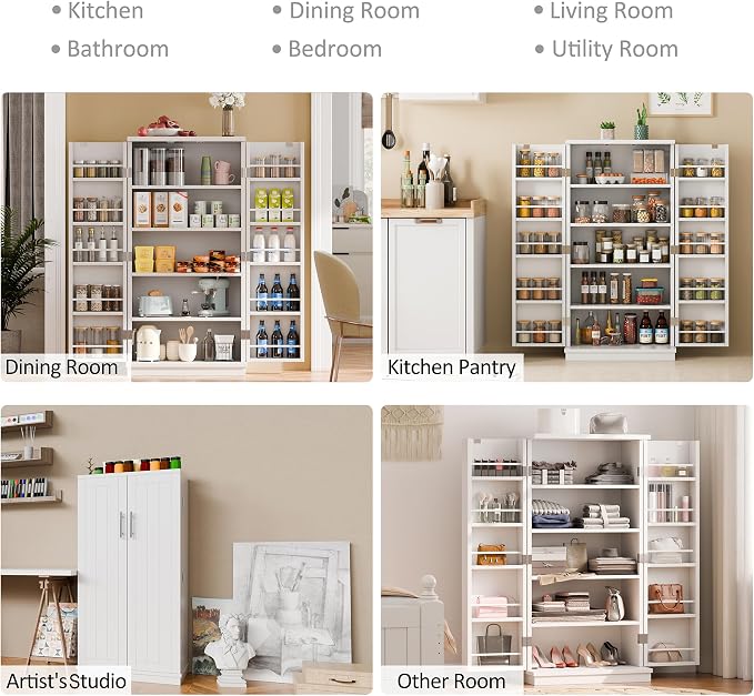 SUNLEI 47" Kitchen Pantry Storage Cabinet, Modern Freestanding Pantry Storage Cabinet with Adjustable Shelves, Buffet Cupboards Storage for Kitchen, Dining Room, White