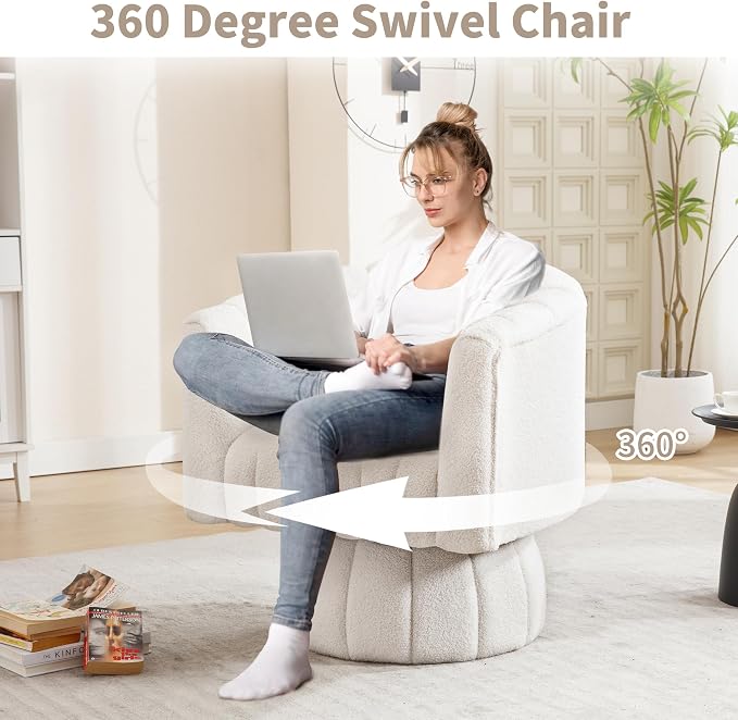 Swivel Accent Barrel Chair - Cute Comfy Small Round 360° Arm Chair Velvet Sofa Club Reading Chair for Living Room Bedroom Office White