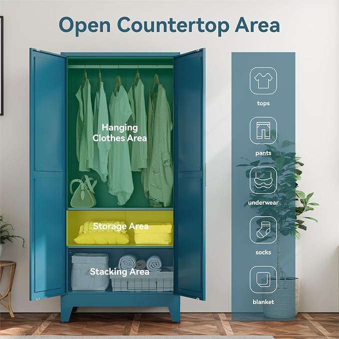YAUWOH Farmhouse Wardrobe Cabinet,Metal Wardrobe Closet with Hanging Rod,Metal Armoire with Adjustable Shelves for Bedroom,Cloak Room,Office (Blue)
