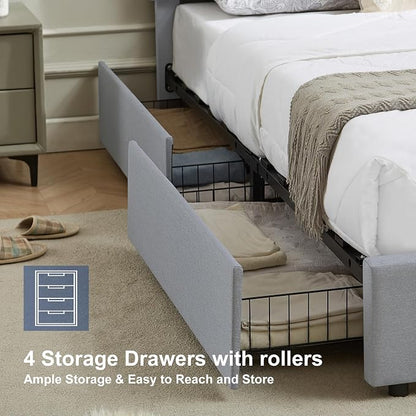 VECELO Full Size Bed Frame with 4 Drawers, Adjustable Tufted Button Headboard, Upholstered Platform with Wood Slats Support, Built-in USB and Type C Ports, Light Grey