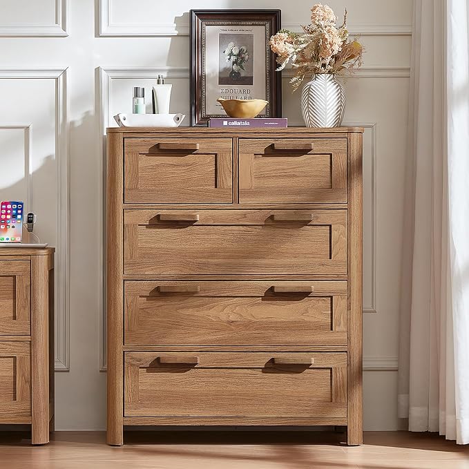 Joaxswe Farmhouse 5 Drawer Dresser for Bedroom, Vertical Dressers Chest of Drawers with 5 Deep Drawers & 4 Thickened Table Legs & Rounded Corners, Brown