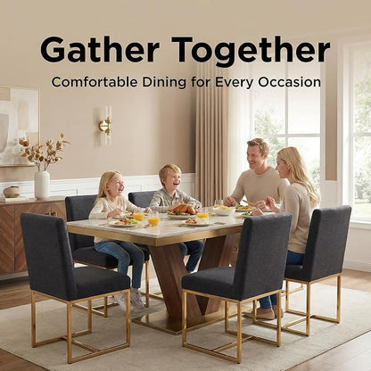HNY Modern Dining Chairs Set of 4, Upholstered Linen Dining Room Chairs with Ergonomic Back & Polished Gold Metal Frame for Home, Kitchen, Apartment, Charcoal Black