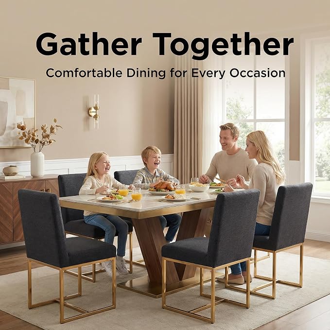 HNY Modern Dining Chairs Set of 6, Upholstered Linen Dining Room Chairs with Ergonomic Back & Polished Gold Metal Frame for Home, Kitchen, Apartment, Charcoal Black