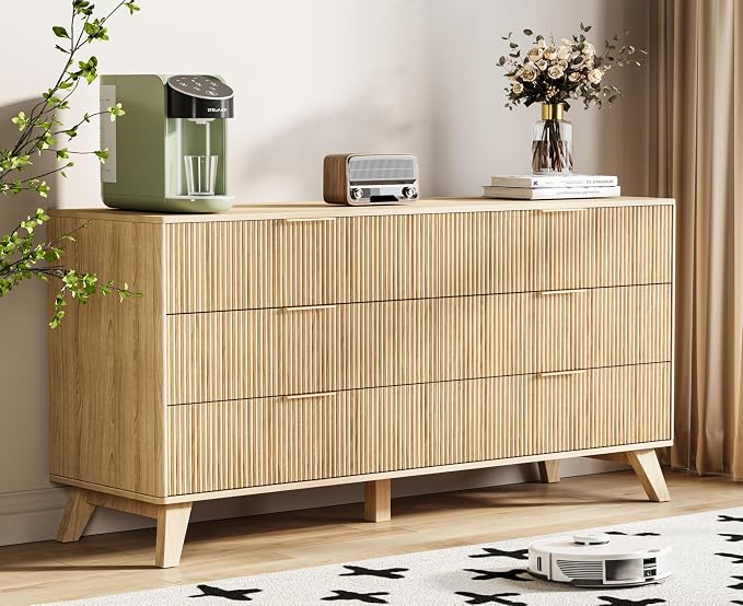 Fluted Dresser with 6 Drawers, 53.43 Inch Wood Double Dresser with Metal Handles Curved Design Wide Storage Organizer Cabinet Modern Chest Dressers for Bedroom Living Room Hallway(Oak)