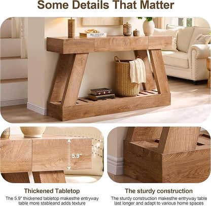 60" Farmhouse Entryway Table with Drawer, Wooden Hallway Foyer Table with Heavy Duty Base, Sofa Table for Living Room(Light Knotty Oak)