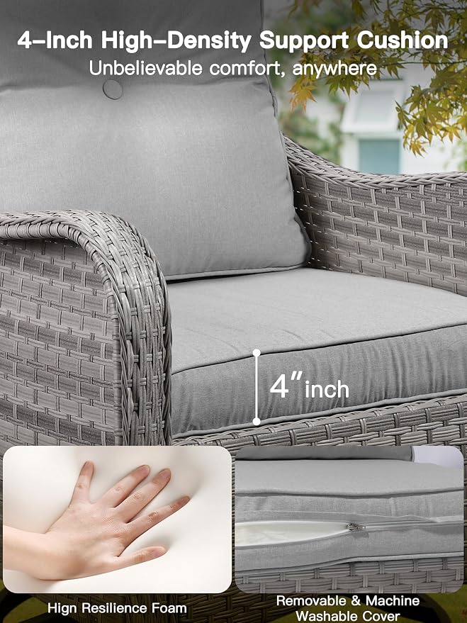 3-Piece Patio Furniture Set, Outdoor Swivel Rocking Chairs with 4" Thick Cushions & Side Table, All-Weather PE Rattan & Rust-Resistant Steel Frame Conversation Set for Porch, Garden, Backyard, Grey