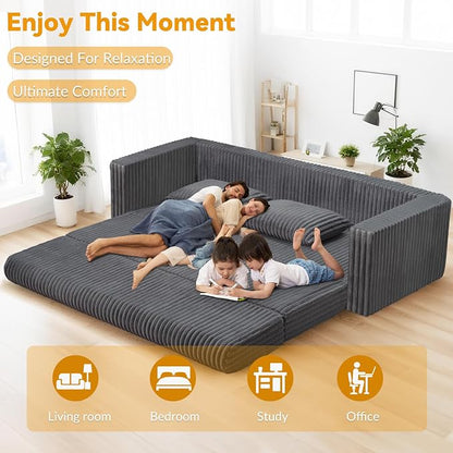 HABUTWAY 78" Loveseat Boneless Couch, 4-in-1 Convertible Sofa Bed, Plush Fur Folding Futon Sofa Bed Couches with 2 Pillows for Living Room, High-Density Foam Support, No Assembly Required, Grey