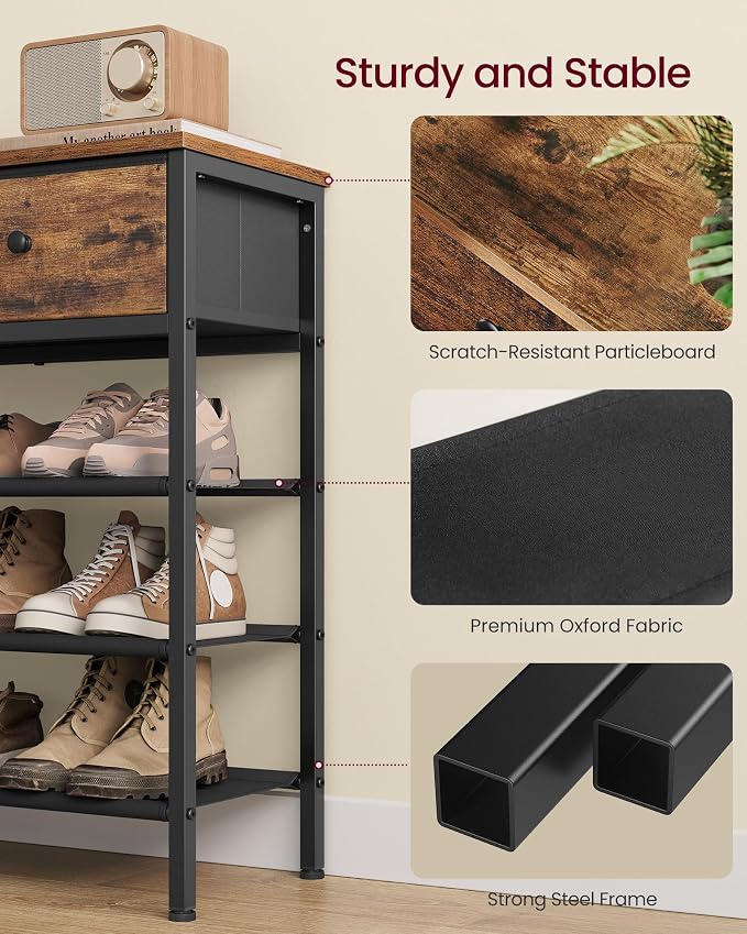 VASAGLE Shoe Rack, 4 Tier Shoe Storage Rack with 2 Fabric Drawers, Shoe Organizer for Entryway, with 3 Fabric Shelves and Wooden Top, Steel Frame, Modern Basic, Rustic Brown ULBS235KD01