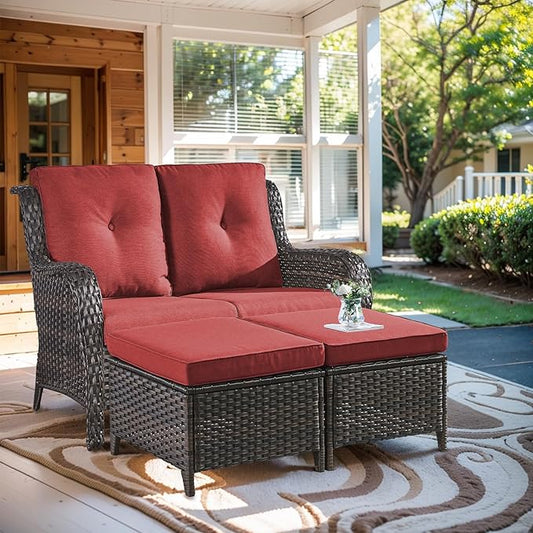 Outdoor Loveseat Sofa - 3 Piece Patio Furniture with Ottoman Deep Seating Patio Couch for Porch Deck Garden Backyard - Brown/Red
