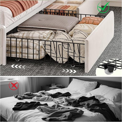 EnHomee Queen Bed Frame with 6 Storage Drawers and 2-Tier Velvet Upholstered Headboard,Modern Bed Frame with LED Lights&Charging Station,No Box Spring Needed,Noise-Free, Easy Assembly,Sturdy,Beige