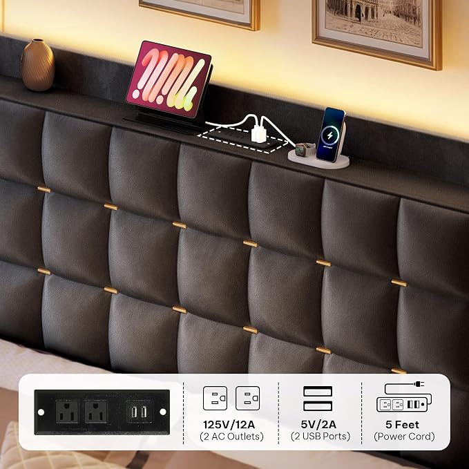 DWVO King Size Bed Frame with 4 Drawers and RGB LED Lights, Velvet Upholstered Platform Bed with Charging Station and Storage Headboard, No Box Spring Needed, Easy Assembly, Noise-Free, Grey