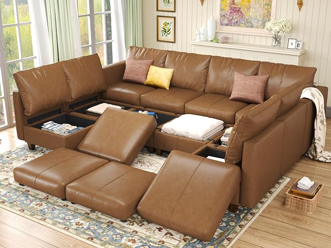 EASE MOOSE Modualr Sectional Couch U Shaped Sofa with Storage Ottomans, Faux Leather Modular Sofa Couch with Reversible Chaises for Apartment