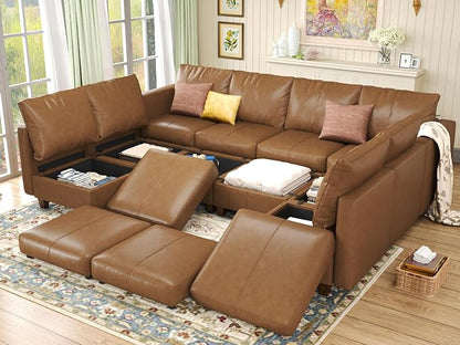 EASE MOOSE Modualr Sectional Couch U Shaped Sofa with Storage Ottomans, Faux Leather Modular Sofa Couch with Reversible Chaises for Apartment