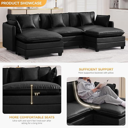 111'' Sectional Cloud Deep Seat Couch, Oversized Leather U Shaped Sectional Sofa for Living Room Set, Comfy Upholstered Modular 5-Seats Sectional Sofa Couch with 2 Movable Ottoman, Leather Black