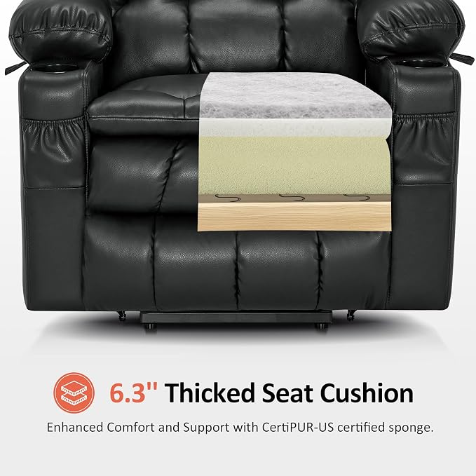 MCombo Dual Motor Power Lift Recliner Chair for Elderly, Lay Flat Lift Chair with Heat and Massage, Cup Holders, USB Ports, Faux Leather 7890 (Black, Medium)