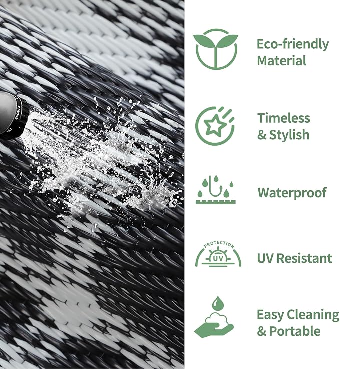 GENIMO Waterproof Outdoor Rug for Patio Clearance, 6'x9' Reversible Plastic Straw Rugs, Lightweight RV Camping Mat for Camper, Balcony, Deck, Backyard, Picnic, Black White Plaid