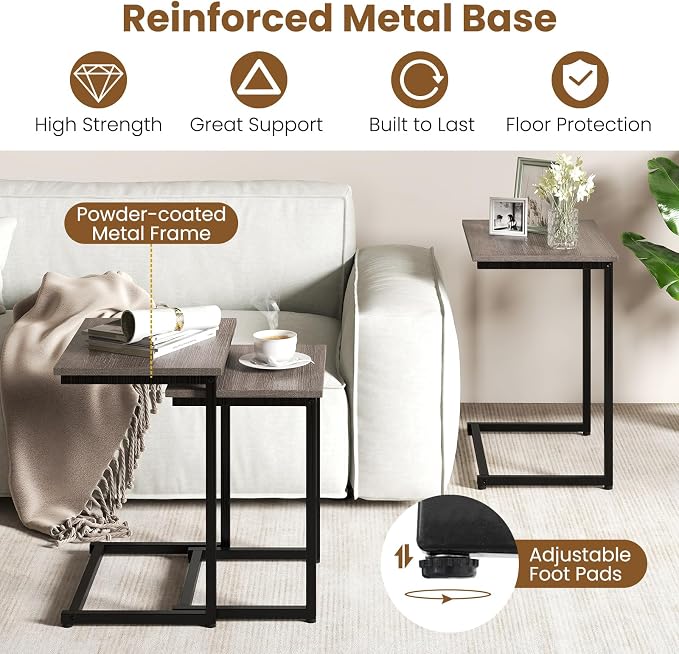 GOFLAME Nesting Coffee Tables Set of 3, Rectangular Nesting Center Table with Wood Grain Top & Metal Frame, Modern C-Shaped Nested Side Table Set for Living Room, Bedroom, Black & Oak