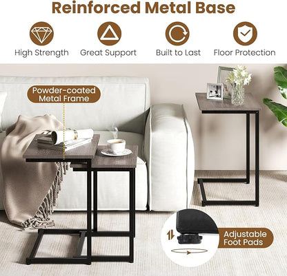 GOFLAME Nesting Coffee Tables Set of 3, Rectangular Nesting Center Table with Wood Grain Top & Metal Frame, Modern C-Shaped Nested Side Table Set for Living Room, Bedroom, Black & Oak