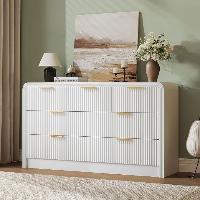 Decofy Fluted Drawers Dresser for Bedroom, Wood Dressers with Gold Handles, Modern Dressers with Wave Texture, Large Storage Chest of Drawers, Bedroom Dresser Organizer 55'' & 7 Drawers ((Pure White)