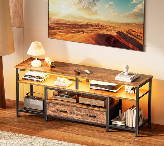 Huuger TV Stand for 55 60 Inch TV, Entertainment Center with Power Outlets and LED Lights, 54 Inch TV Console for Living Room, Media Console with Drawers and Shelves, Rustic Brown, 8778FC
