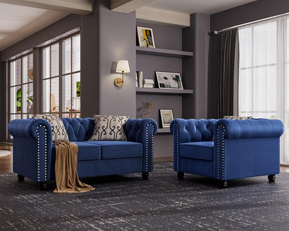Morden Fort 2 Piece Classic Chesterfield Sofa Set, Tufted Chair & Loveseat Furniture Solid Wood Legs Thick Cushion, Pet-Friendly Couch Set for Living Room Bedroom Apartment, Velvet Blue