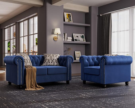 Morden Fort 2 Piece Classic Chesterfield Sofa Set, Tufted Chair & Loveseat Furniture Solid Wood Legs Thick Cushion, Pet-Friendly Couch Set for Living Room Bedroom Apartment, Velvet Blue