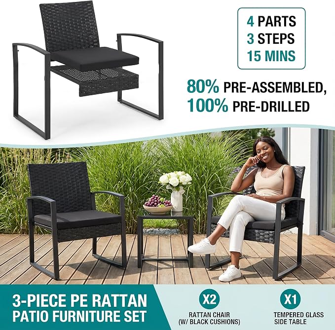 Bezseller 3 Pieces Patio Furniture Set, Outdoor Rattan Bistro Set with Coffee Table, Durable Steel Frame with Strapped Cushions for Garden, Balcony, Poolside, Backyard
