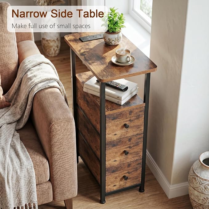 LOAKEKEL Narrow End Tables Living Room Set of 2 with Charging Station, Skinny Side Table with Fabric Drawers, Slim Nightstand for Bedroom, Small Spaces, Couch, Rustic Brown, HETNDP03PBR
