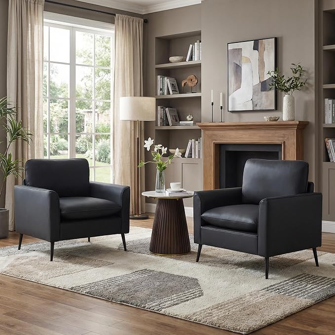 TYBOATLE Accent Chairs Set of 2, Black Faux Leather Chairs, Mid Century Modern Comfy Living Room Chairs, Cozy Office Reading Chair, Reception Armchairs for Bedroom, Waiting Room