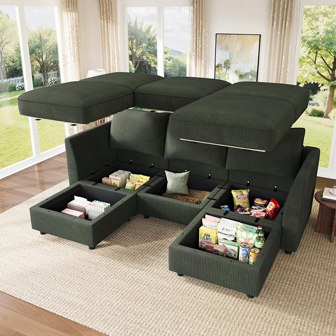 HONBAY Modular Sectional Sofa with Storage U Shaped Sectional Sofa, Convertible Couches for Living Room - Green