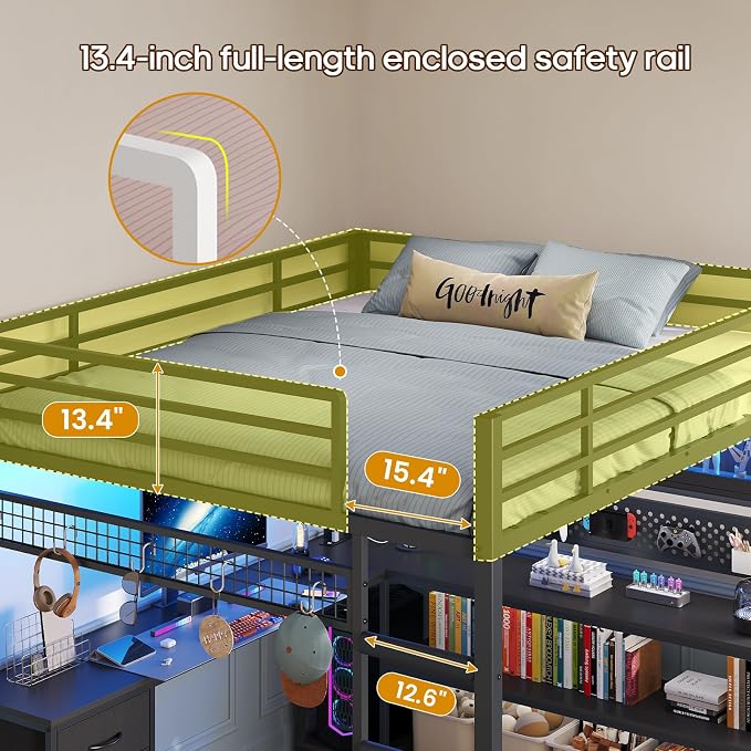 ADORNEVE Gaming Loft Bed Full Size with L-Shaped Desk, Arcylic RGB Hutch & Safety Power Outlet, Metal Loft Bed Frame with Storage Drawer, Shelves, Safety Guardrail, Space Saving for Teens, Black