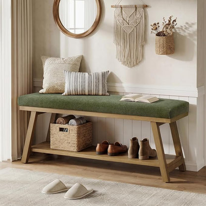 Zihanhome 45" Entryway Bench Upholstered Storage Bench for Bedroom Shoe Rack Bench for Living Room, Hallway, Mudroom, Balcony, Sturdy Indoor Bench Seat Holds Up to 300 lbs (Green)