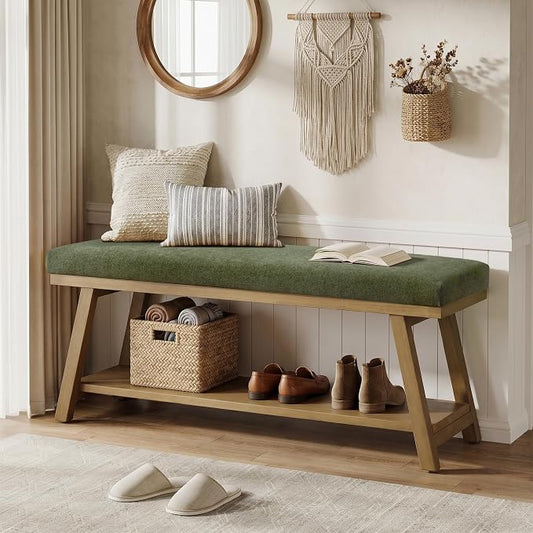Zihanhome 45" Entryway Bench Upholstered Storage Bench for Bedroom Shoe Rack Bench for Living Room, Hallway, Mudroom, Balcony, Sturdy Indoor Bench Seat Holds Up to 300 lbs (Green)