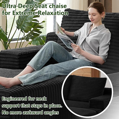 96" Modular Sectional Sofa, Modern Corduroy Cloud Couch with Side Pockets, Boneless Couch Upholstered 3-Seater L-Shaped Sofa for Living Room, No Assembly Required (Black, Left-Facing Chaise)