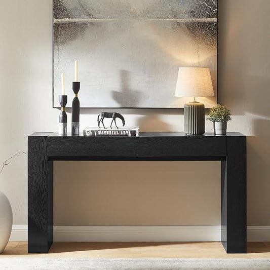 OKD Modern Entryway Console Table, Sofa Table with Drawers, 63" Long Hall Table Behind Couch, Thick Wood Design for Living Room, Hallway - Black Oak
