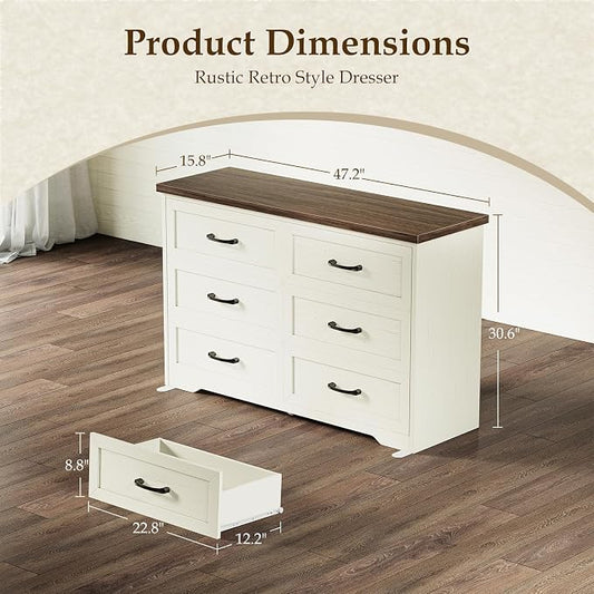 AODK Farmhouse 6 Drawer Dresser for Bedroom, 47” Wide Rustic Storage Dresser with Engineered Wood Frame, Anti-Tip Safety Chest, American Country Bedroom Furniture, Walnut & Vintage White