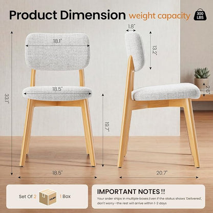 COLAMY Dining Chairs Set of 2, Modern Upholstered Kitchen Room Chairs with Solid Natural Oak Wood Legs, 5-Min Easy Assembly Anti-Wobble, High-Weight Fabric Farmhouse Side Chair, 300lbs,Oak,Beige